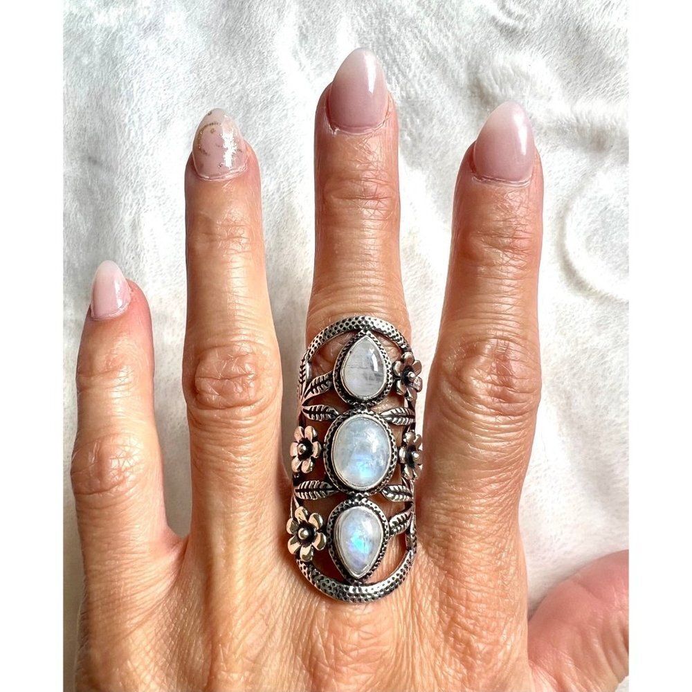 925 Flower Child Rainbow Flash Moonstone Shield Ring 6 - Picture 5 of 13